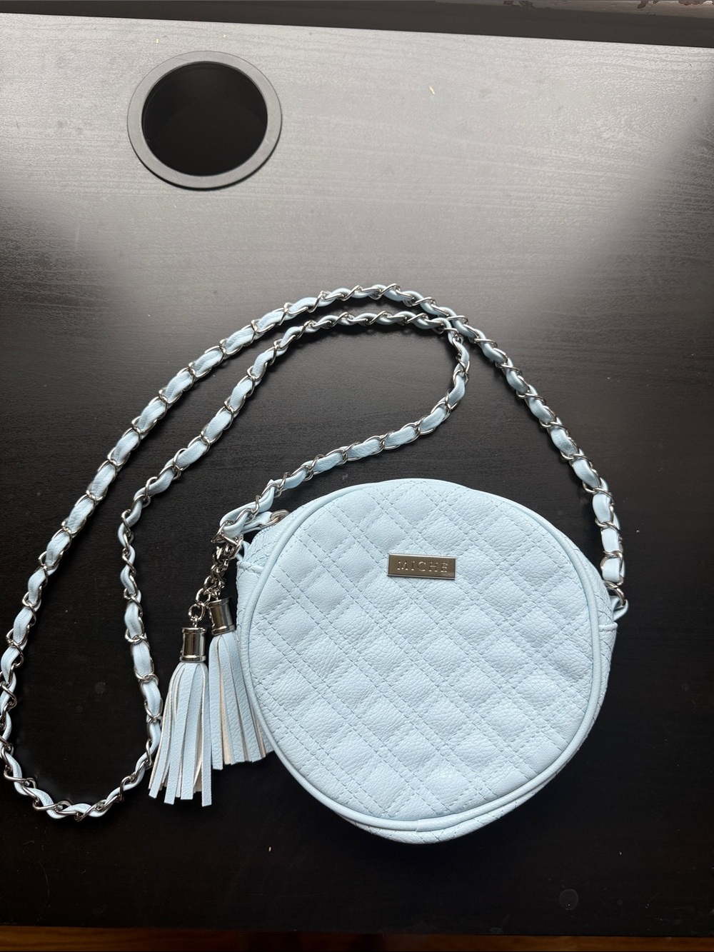 Miche Light Blue Quilted Round Crossbody with Tassels
